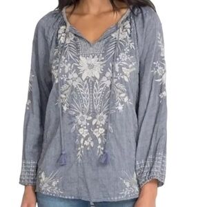 Johnny Was  heavily embroidered Oleander Marrakesh Blouse Chambray NWT oversized